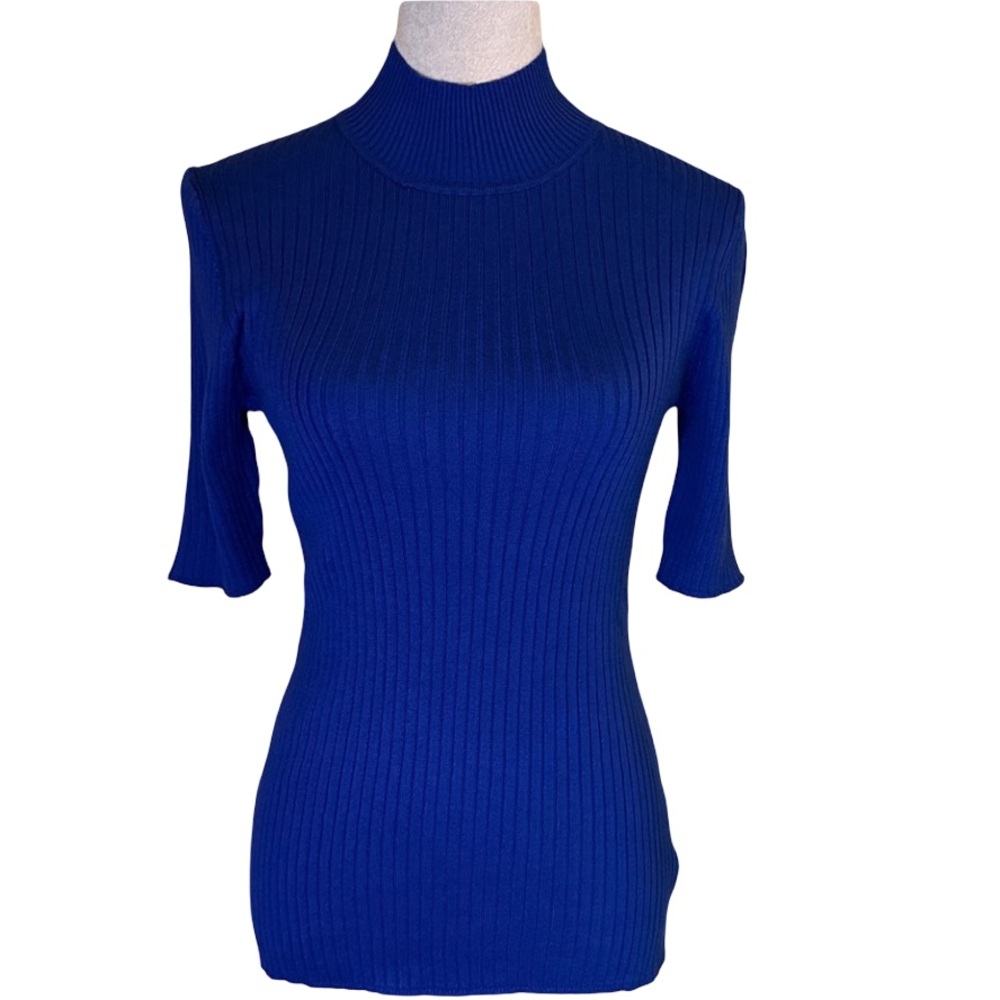 NWOT Chic Blue Ribbed Knit Short Sleeve Top